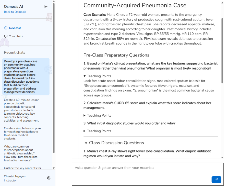 Screenshot of the Osmosis AI interface displaying a “Community-Acquired Pneumonia Case.” The page outlines a clinical scenario of a 72-year-old woman with cough, fever, and right-sided chest pain, followed by pre-class preparatory questions about diagnosis, CURB-65 scoring, and initial management. A sidebar shows lesson-planning prompts and recent teaching topics.