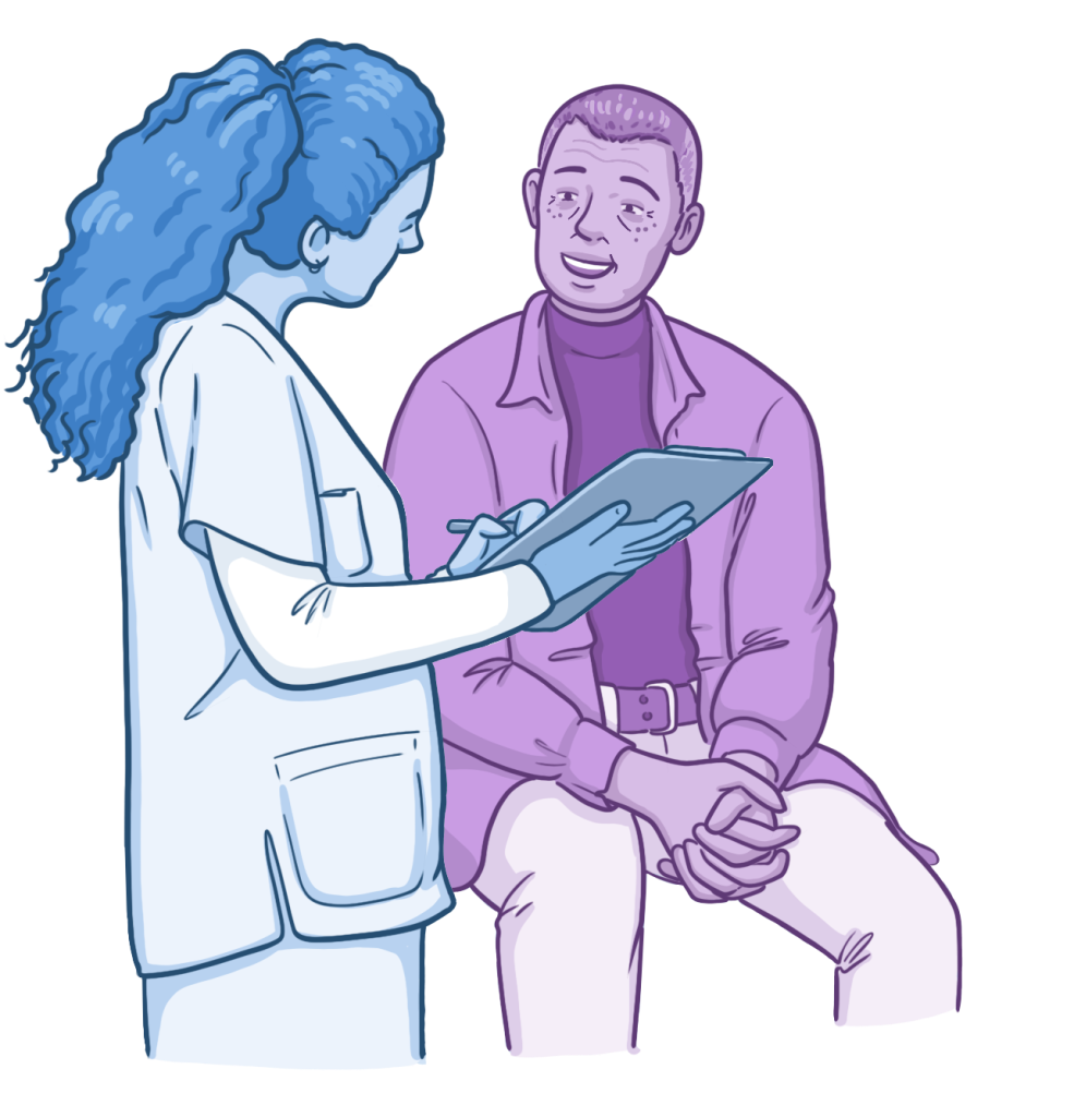 Illustration of a nurse in scrubs holding a clipboard and speaking with a seated patient, who listens attentively with hands folded, suggesting a clinical consultation or patient education conversation.