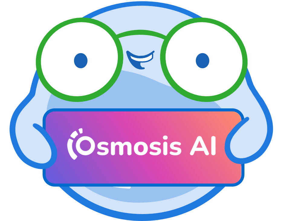 Illustration of Mo, the Osmosis.org mascot, smiling and holding a colorful sign labeled “Osmosis AI.” The friendly cartoon character represents AI-powered learning and study support for healthcare education.