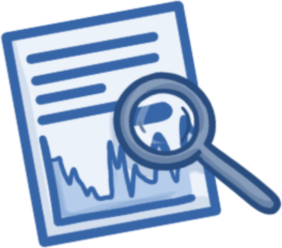 Icon-style illustration of a document with text and a line graph, partially magnified by a magnifying glass, symbolizing research review, data analysis, or evidence-based practice.