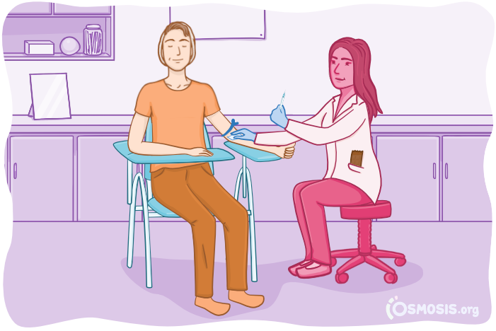Ilustración de un profesional de la salud administrando una inyección en el brazo de un paciente sentado en una clínica. El paciente está relajado con los ojos cerrados mientras la profesional, con guantes y bata, sostiene una jeringa, lo que sugiere vacunación o aplicación de medicamento.