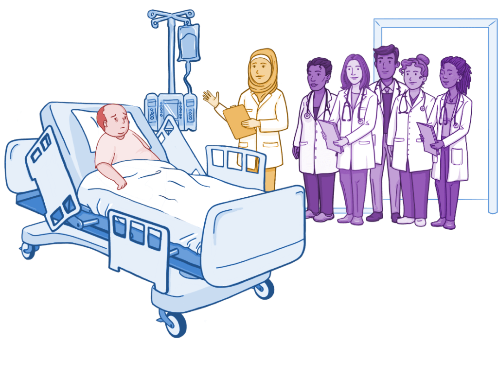 Illustration of a patient lying in a hospital bed connected to medical equipment while a clinician presents the case to a group of medical students during their clerkship standing by with clipboards, suggesting bedside teaching or medical rounds.
