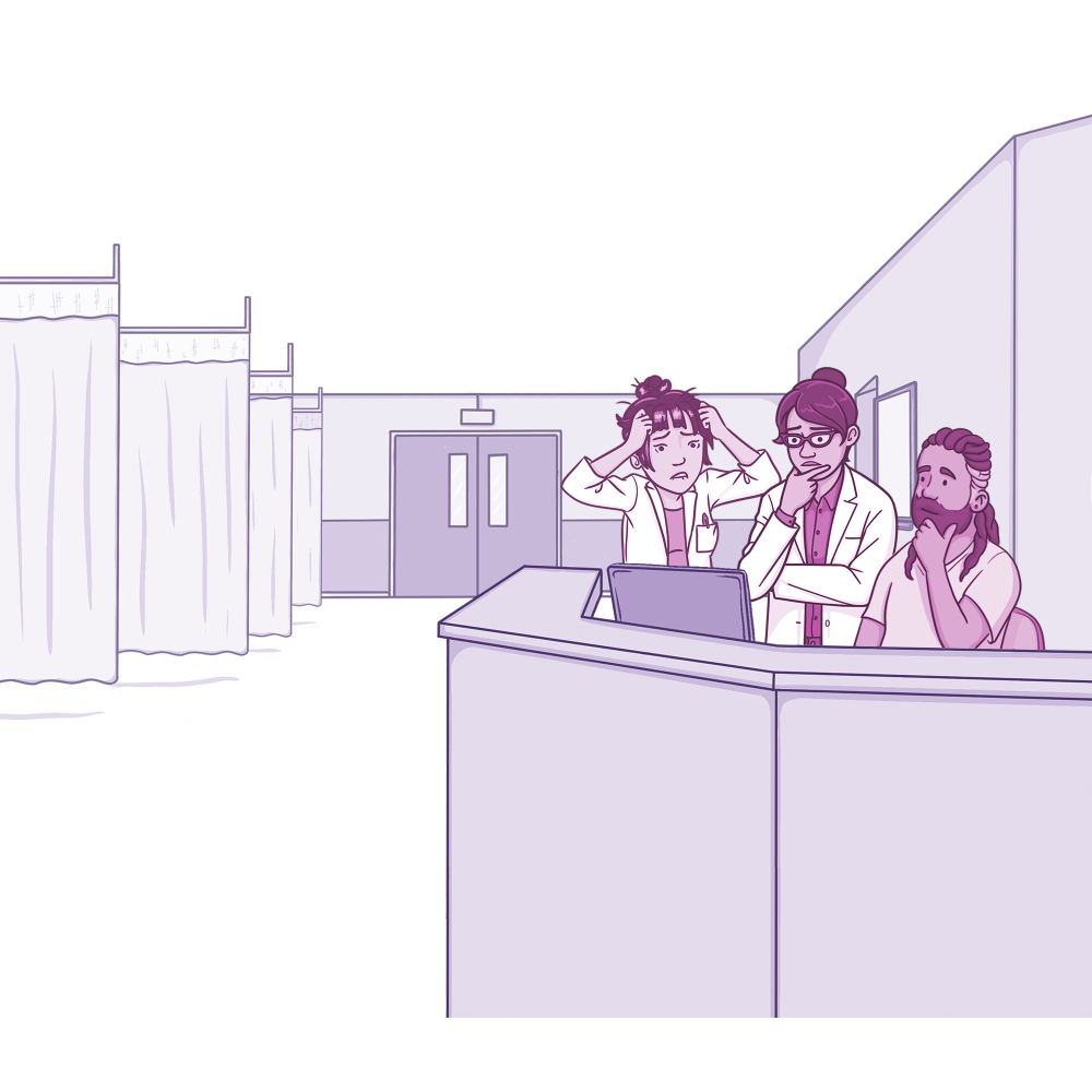 Illustration of three healthcare workers standing at a hospital workstation, looking concerned as they review information on a computer. One holds their head in frustration while the others appear thoughtful, suggesting stress or difficulty during clinical work or rounds.