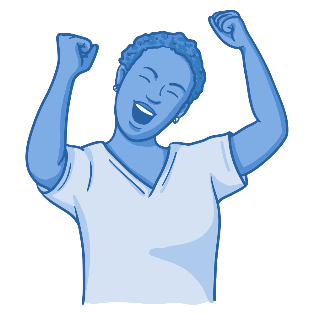 Illustration of a smiling medical student raising both arms in celebration, conveying excitement, achievement, or success after doing well on their internal medicine shelf exam.
