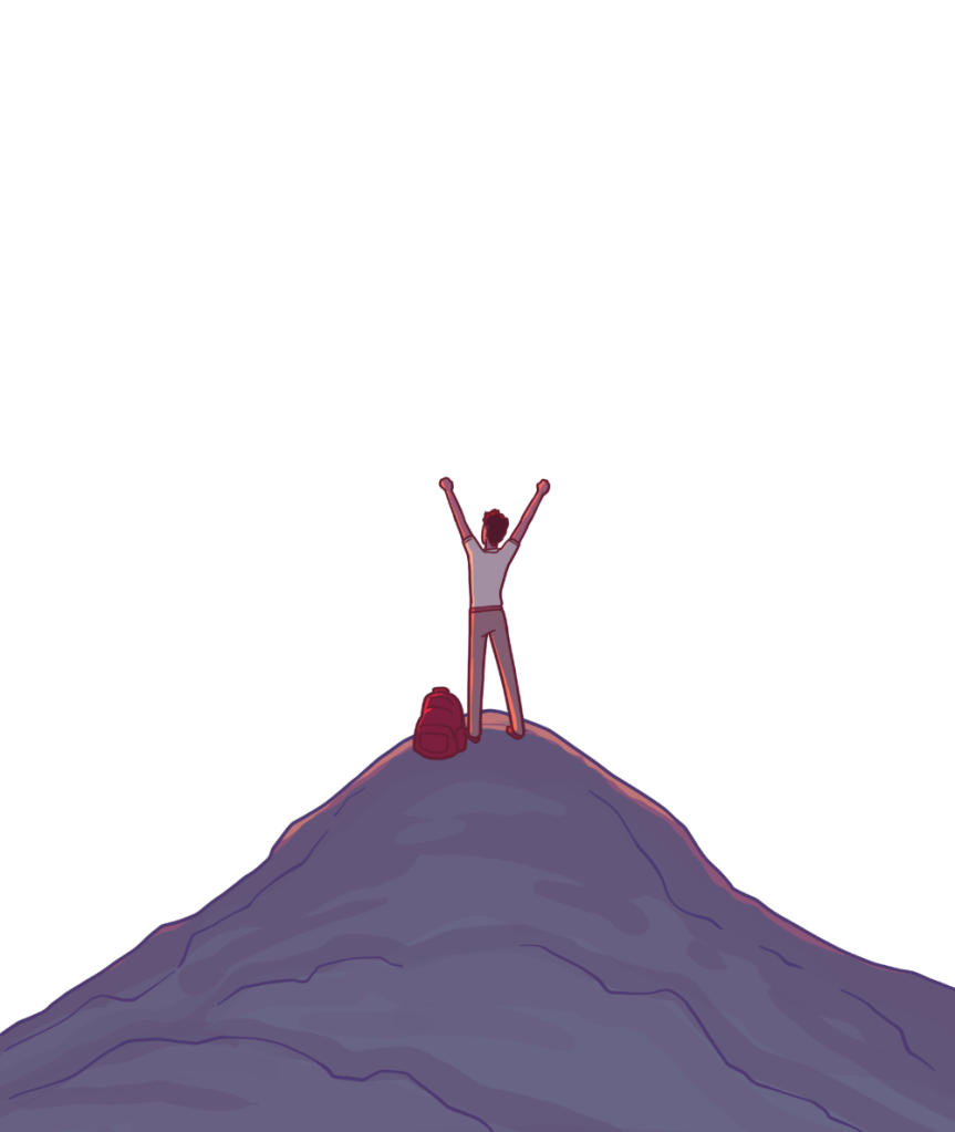 Illustration of a person standing on top of a mountain with arms raised in victory, with a backpack beside them, symbolizing achievement, success, and reaching a goal.