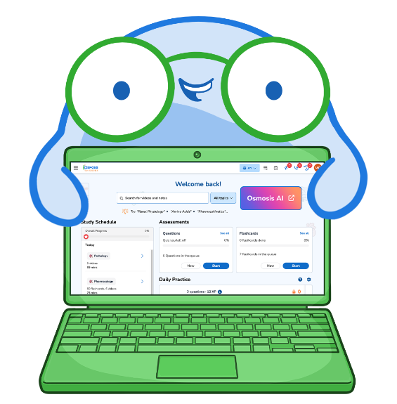 Mo, the Osmosis mascot, using a laptop displaying the Osmosis AI dashboard, suggesting studying or learning with an AI-focused online medical education platform.