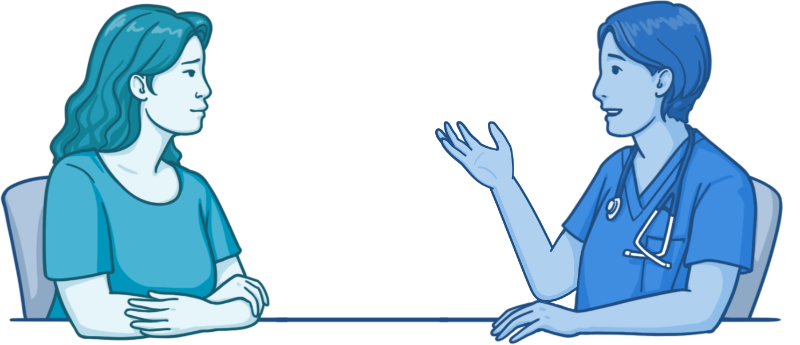 Illustration of a patient and an RN and Sexual Assault Nurse Examiner (SANE) seated across from each other, in a consultation with the nurse who is gesturing while explaining something.
