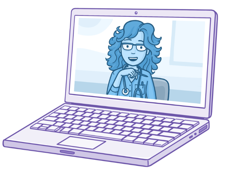 Illustration of a laptop displaying a healthcare professional on a video call, wearing a stethoscope and smiling, representing telemedicine or a virtual medical consultation.