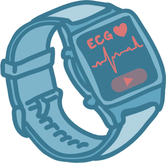 Illustration of a smartwatch displaying an ECG reading with a heart icon and waveform, representing wearable health monitoring technology.