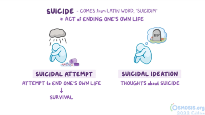 Educational graphic defining suicide as the act of ending one’s own life. It distinguishes between suicidal attempt (an attempt to end one’s life that results in survival) and suicidal ideation (thoughts about suicide), illustrated with figures showing distress and contemplation.