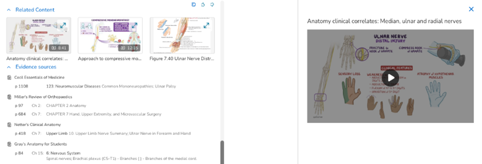 Screenshot of Osmosis platform showing a “Related Content” section with thumbnails of anatomy videos and diagrams, alongside a list of evidence sources from medical textbooks. On the right, a video preview displays an anatomical illustration of median, ulnar, and radial nerves. Demonstrates how Osmosis AI cites sources.