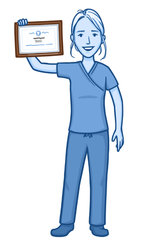 Illustration of a nursing professional in scrubs smiling and holding up a framed certificate, suggesting certification or professional achievement.