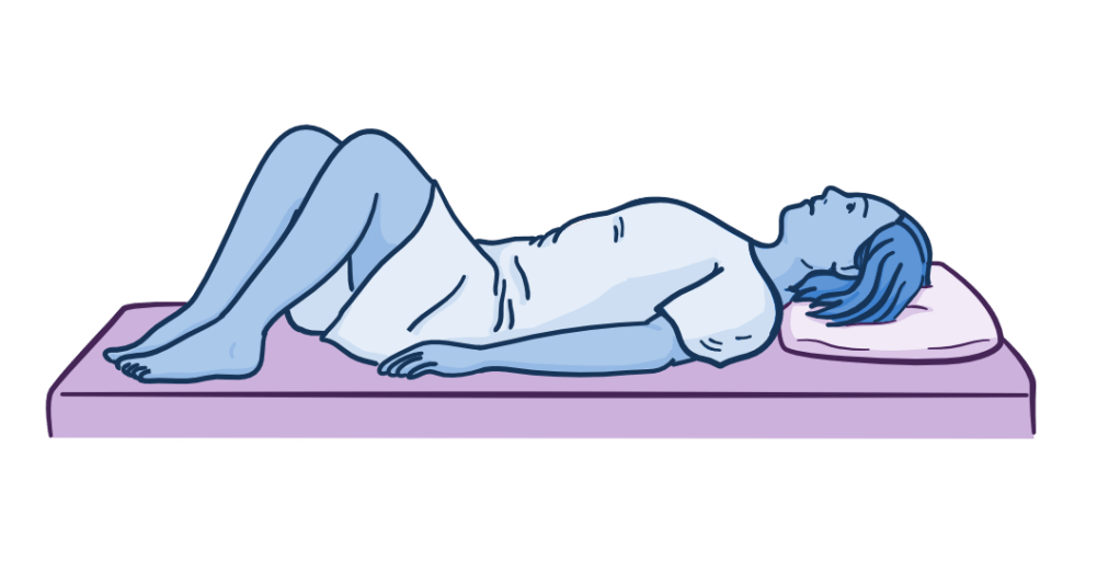 Illustration of a person lying on their back with knees bent and feet flat on the bed, representing the dorsal recumbent position.
