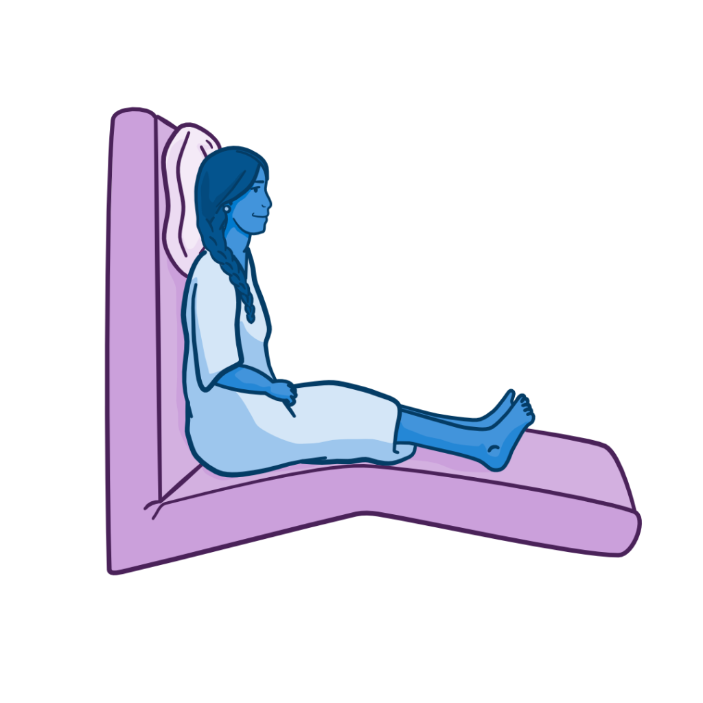 Illustration of a person sitting upright in bed with the head of the bed elevated to a near-vertical position, representing the high Fowler’s position.
