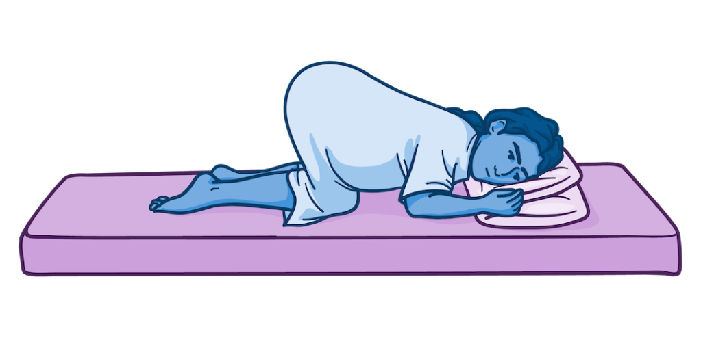 Illustration of a person lying on their side with the upper leg flexed forward and the lower leg extended, representing the Sims’ position.