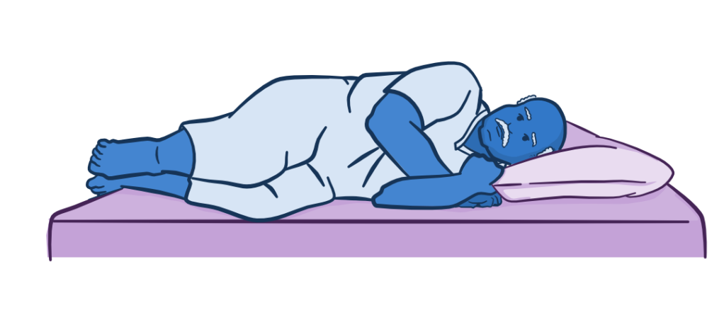 Illustration of a person lying on their side with knees slightly bent and arms positioned near the head, representing the lateral (side-lying) position.