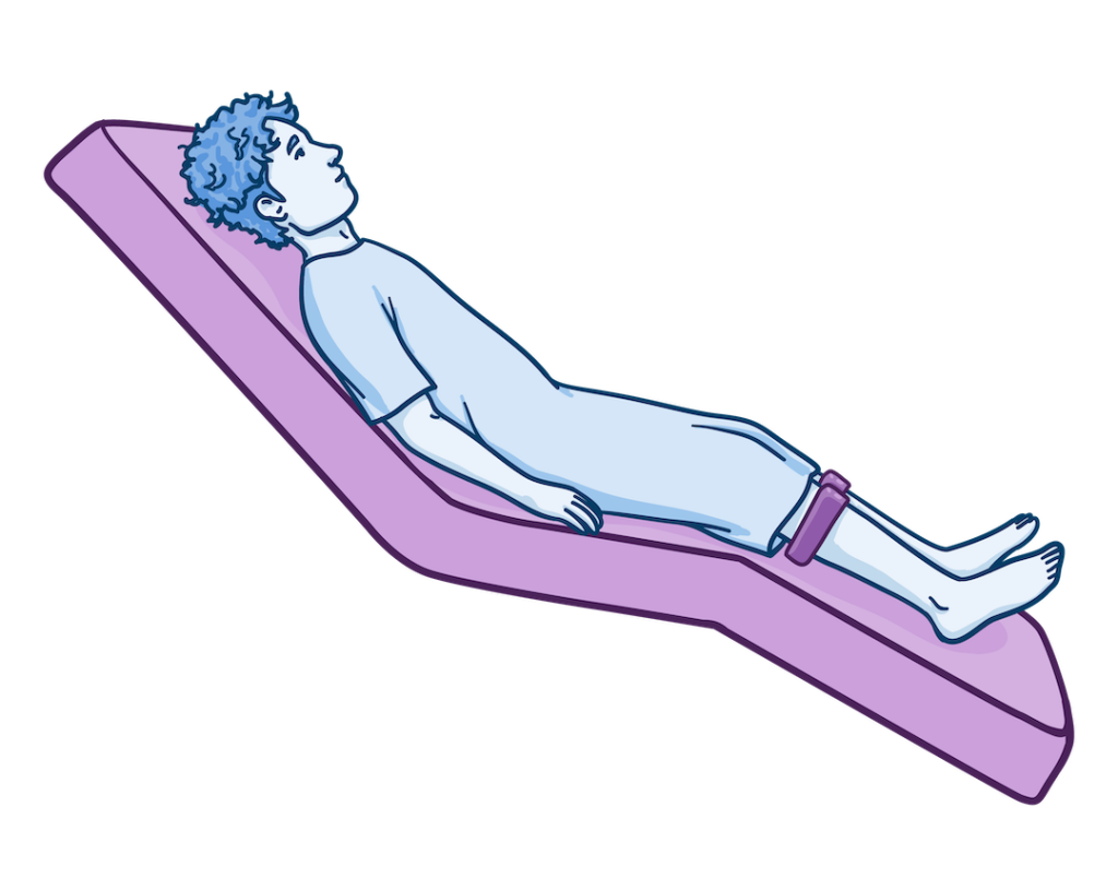 Illustration of a person lying on their back on an inclined table with the head elevated and legs secured, representing the Lloyd-Davies (Modified Lithotomy) position.
