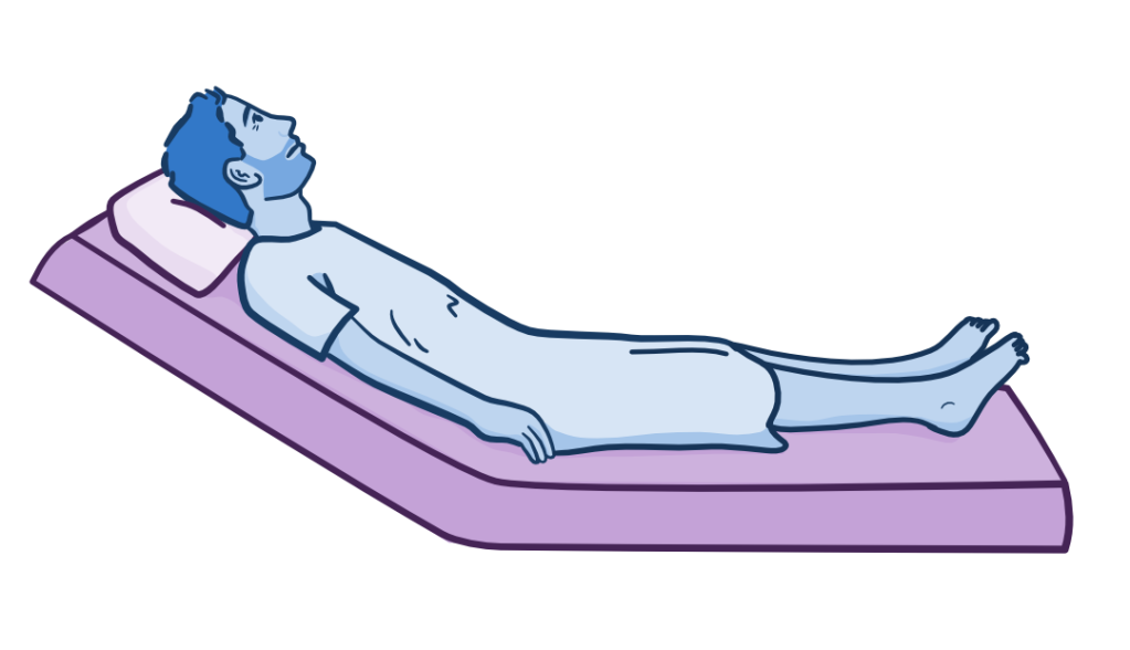 Illustration of a person lying on their back with the head of the bed elevated, representing the Low Fowler’s position.