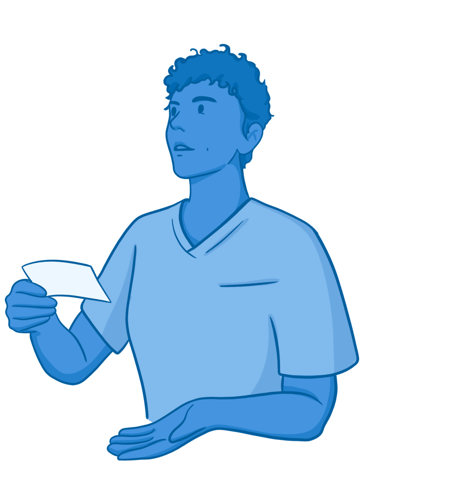 Illustration of a person holding an index card and looking to the side with a slightly concerned or attentive expression, suggesting reading information or recalling details.