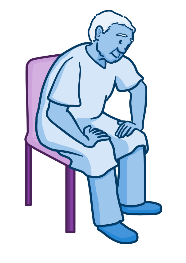 Illustration of a person sitting in a chair leaning forward with elbows resting on their knees, representing the tripod position often used to ease breathing.