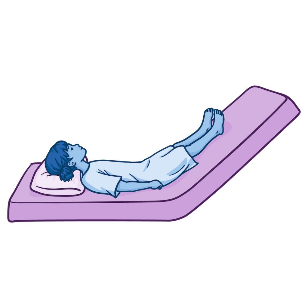 Illustration of a chuld lying on their back with the legs elevated above the level of the heart on an inclined surface, representing the Passive Leg Raise position.