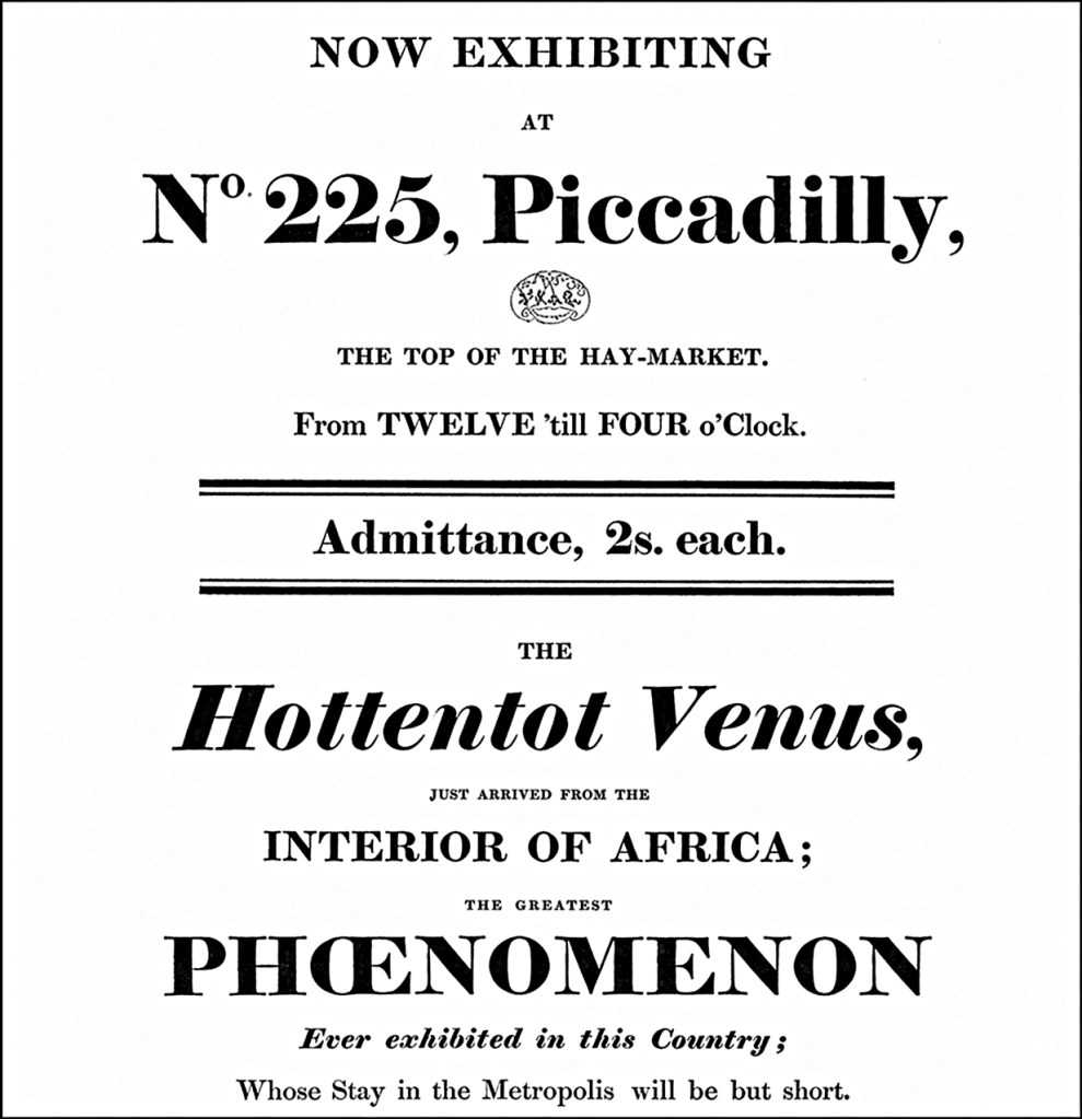 Historical black-and-white promotional poster advertising the exhibition of Sarah Baartman, referred to using the sexist and racist term “Hottentot Venus.” The poster announces public showings at “No. 225, Piccadilly” in London and describes her as a “phenomenon” from Africa, reflecting the exploitative and dehumanizing treatment of Black women in 19th-century colonial exhibitions.