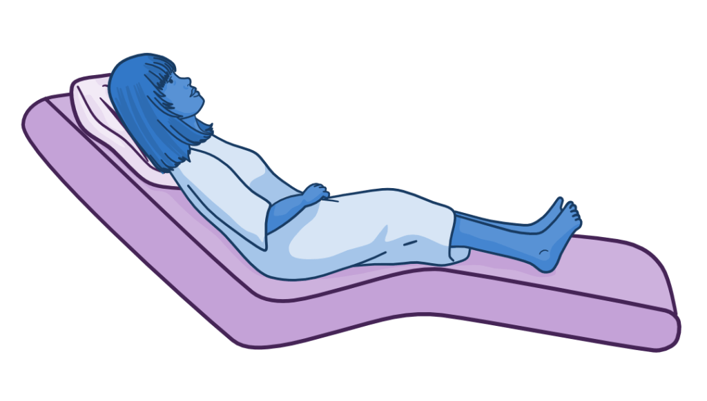 Illustration of a person lying on their back in a semi-reclined position with both the head and knees elevated, representing the semi-Fowler’s position.