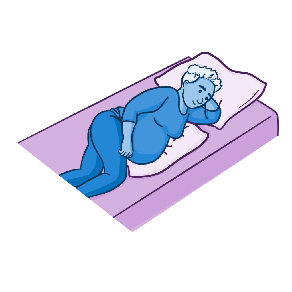 Illustration of a pregnant person lying on their side with a pillow supporting the abdomen and head, representing a side-lying (lateral) position commonly used for comfort during pregnancy.