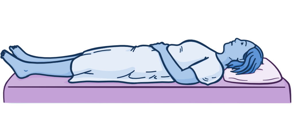 Illustration of a person lying flat on their back in bed with arms resting across the chest and head on a pillow, representing the supine position.