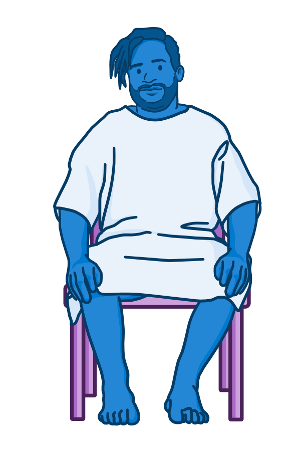 Illustration of a person sitting upright on a chair facing forward with hands resting on their thighs, representing a seated position for examination or assessment.