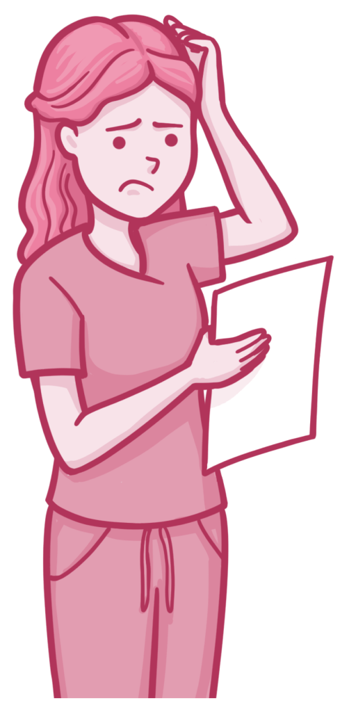 An illustration of a medical student, hand to their head, looking at a piece of paper with confusion or frustration.