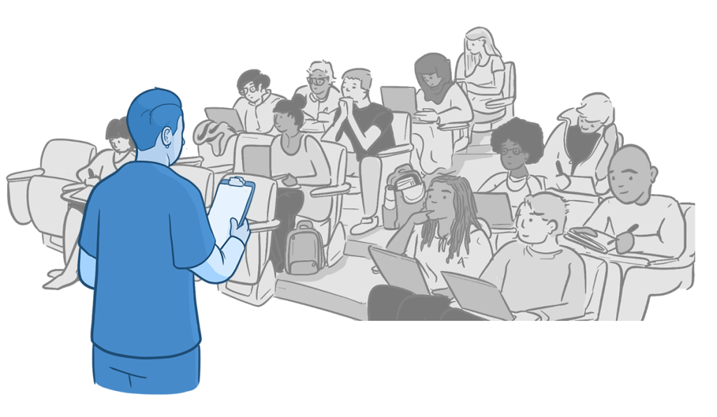 Illustration of an instructor in scrubs standing at the front of a lecture hall holding a clipboard, addressing a group of students seated in tiered rows, many using laptops or taking notes, suggesting a medical or academic teaching setting.