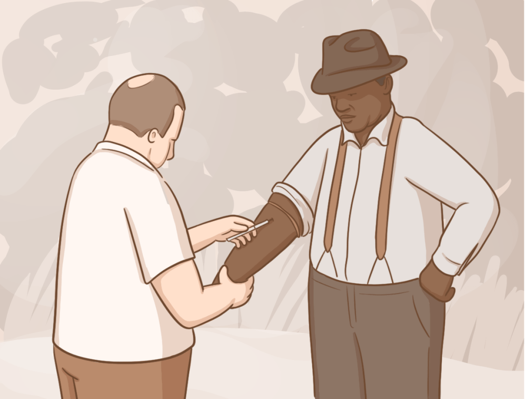 Illustration depicting the Tuskegee syphilis study, showing a healthcare worker examining or treating the arm of a Black man standing with his sleeve rolled up. The scene conveys a historical medical interaction associated with unethical research practices.