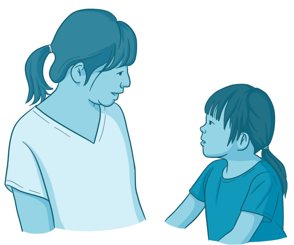 Illustration of a healthcare provider and a young child facing each other and making eye contact, appearing engaged in conversation. The image conveys caregiver-child communication, active listening, and social interaction during early childhood.