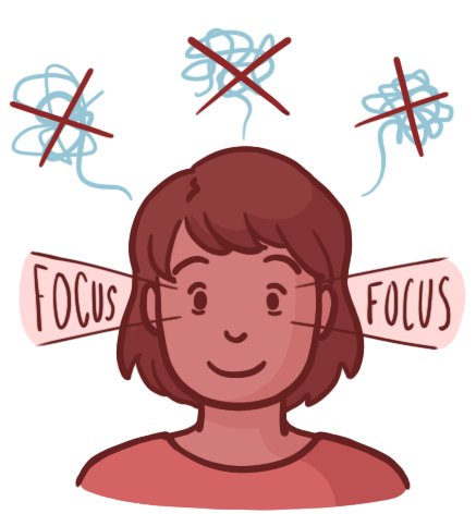 Illustration of a smiling person with the word “FOCUS” displayed on both sides of their head and crossed-out scribbles above them, symbolizing concentration, mental clarity, and the ability to block out distractions.