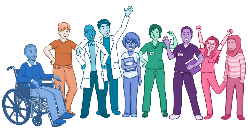 Osmosis style illustration of a diverse group of healthcare professionals and students. Several individuals wear scrubs or white coats, while others hold books or celebrate with raised arms. The image emphasizes inclusion, diversity, accessibility, and community within healthcare and education.