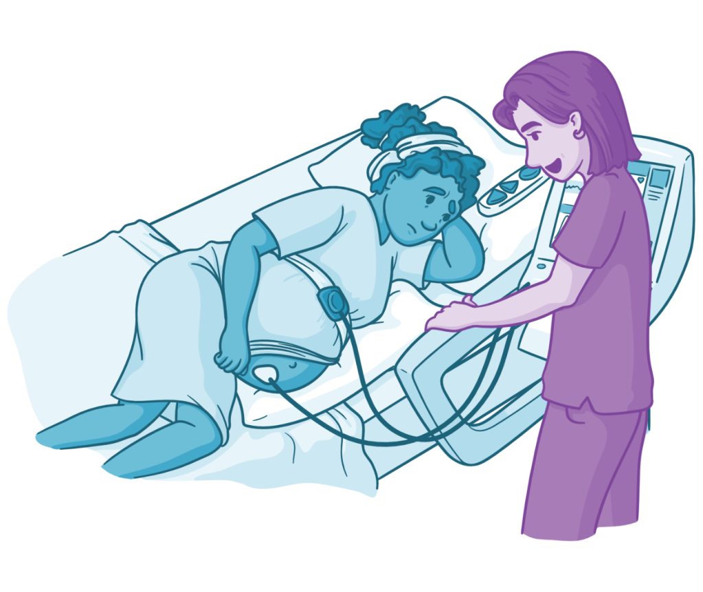 Osmosis style illustration of a pregnant patient lying on their side in a hospital bed while fetal monitoring equipment is attached to the abdomen. A healthcare professional stands nearby, reviewing the monitor and speaking with the patient, suggesting prenatal assessment, labor monitoring, or maternal-fetal care.
