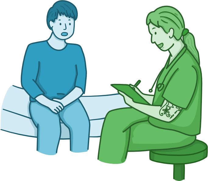 Illustration of a healthcare professional seated on a stool taking notes on a clipboard while speaking with a patient seated on an examination table. The patient appears attentive, suggesting a clinical consultation, health assessment, or medical interview.