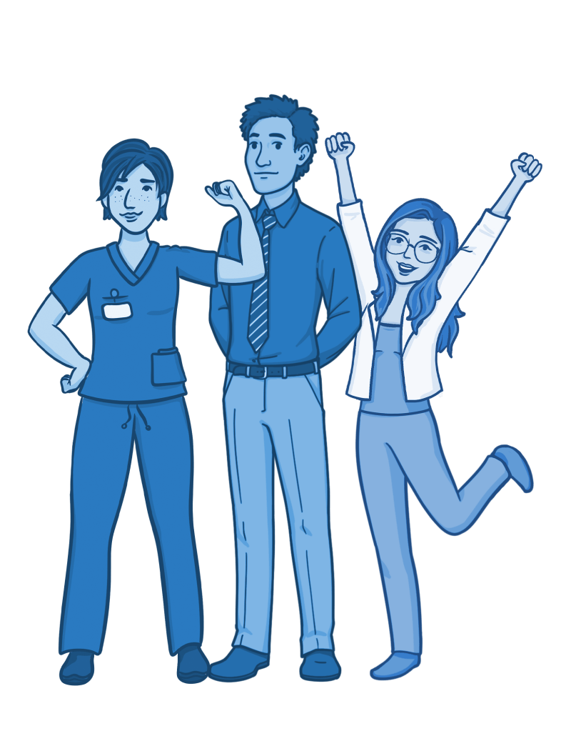 Illustration of three healthcare professionals standing together. Their confident and cheerful poses suggest teamwork, achievement, and career or educational success.