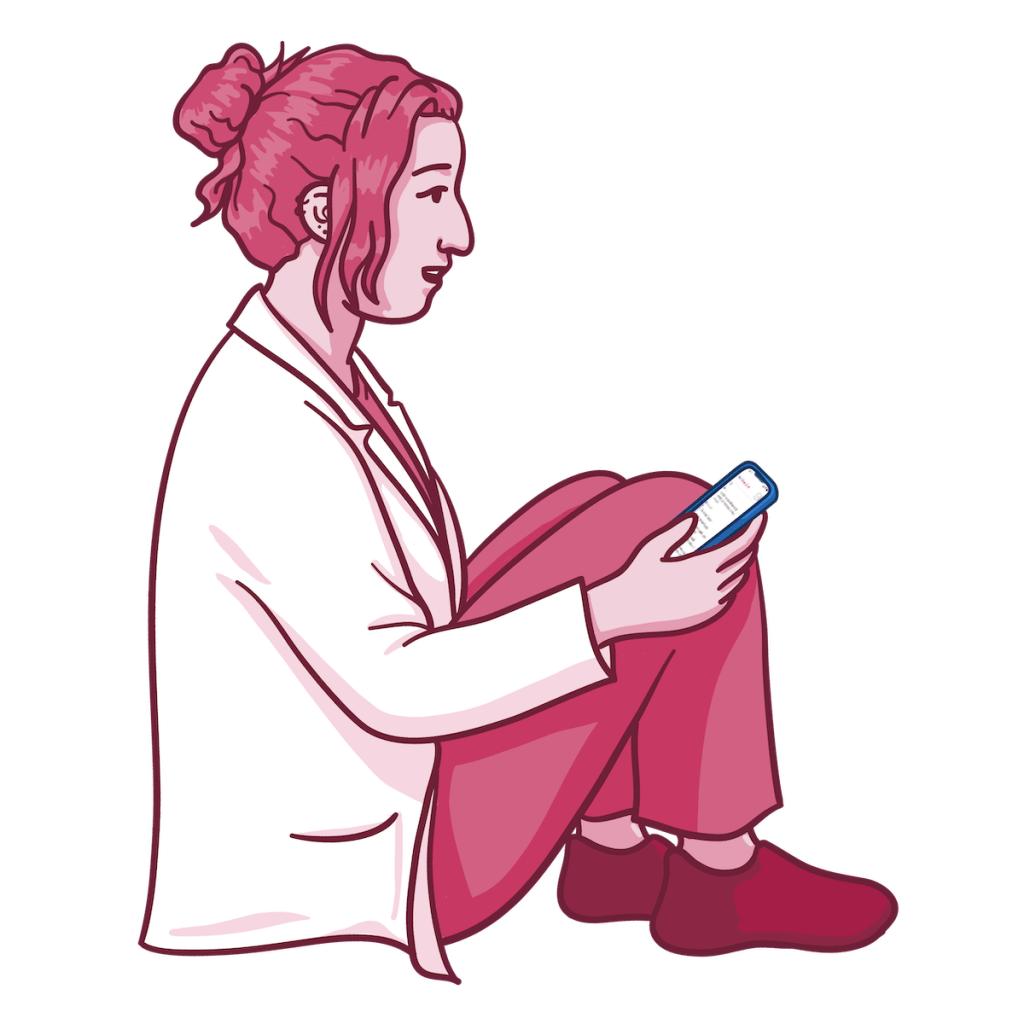 An Osmosis illustration of a medical student who is seated and looking at a mobile phone.