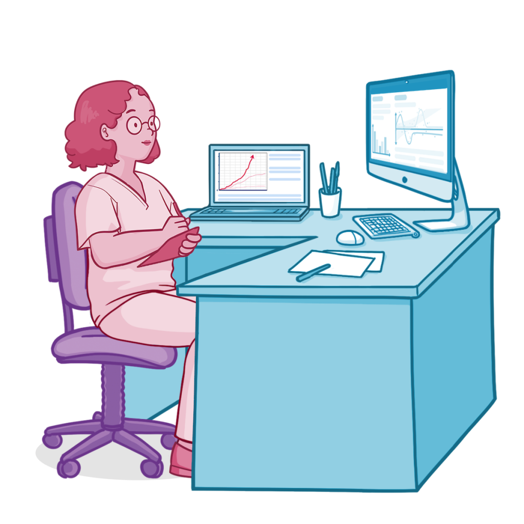 Osmosis style illustration of a healthcare professional seated at a desk reviewing data on a laptop and desktop computer. The screens display charts and graphs, while papers, a pen, and office supplies sit on the desk. The image suggests healthcare data analysis, quality improvement, research, informatics, or evidence-based decision-making.