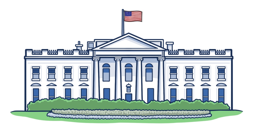 Osmosis.org illustration of the White House, shown from the front with its neoclassical columns, symmetrical façade, landscaped grounds, and the United States flag flying above the roof. The image represents the executive branch of the U.S. government.
