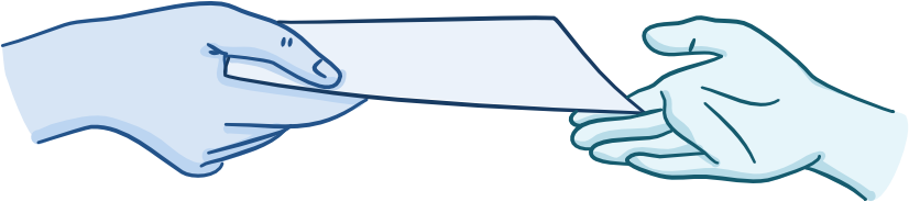 Illustration of one hand passing an envelope to another outstretched hand.