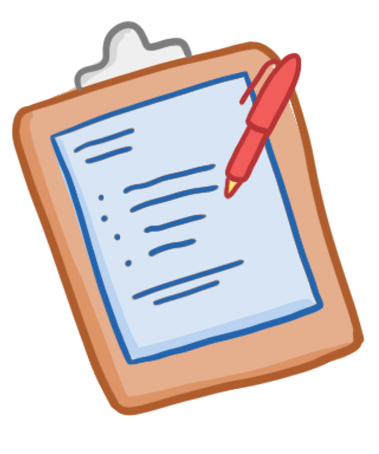 Osmosisi.org style illustration of a clipboard holding a bulleted document with a red pen resting on top representing patient documentation.