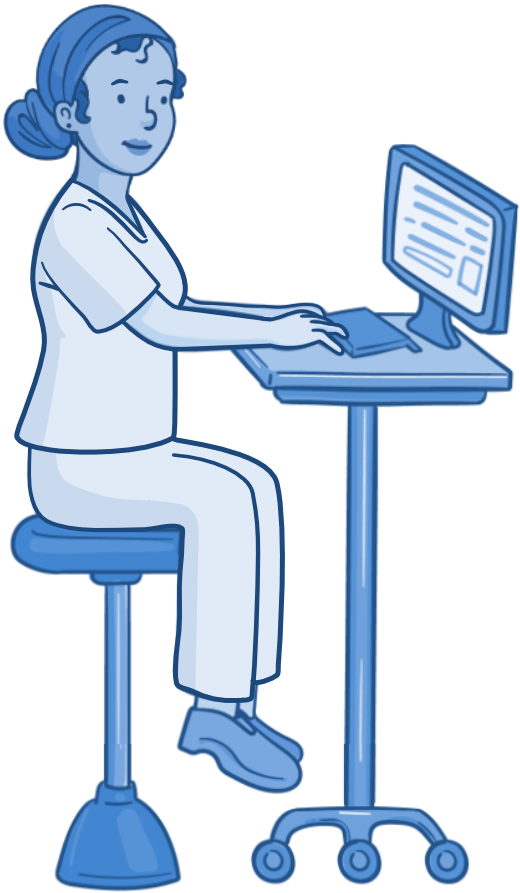 Osmosis.org illustration of a healthcare professional seated at a mobile computer workstation, typing on a keyboard and reviewing information on a monitor. The image represents electronic health record documentation, digital clinical workflows, or technology use in patient care.