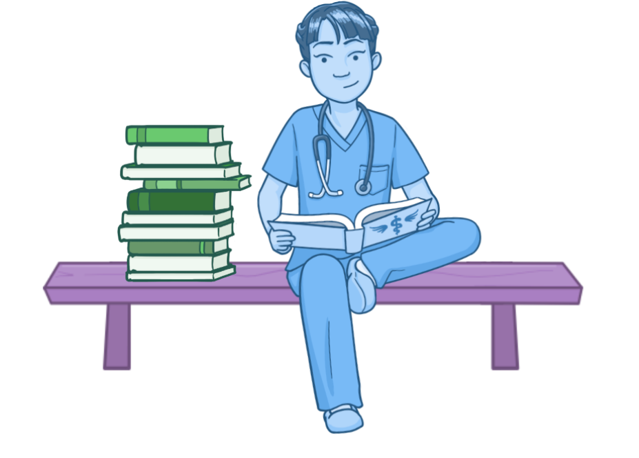 An Osmosis illustration of a healthcare student studying with a stack of books on the bench next to them.