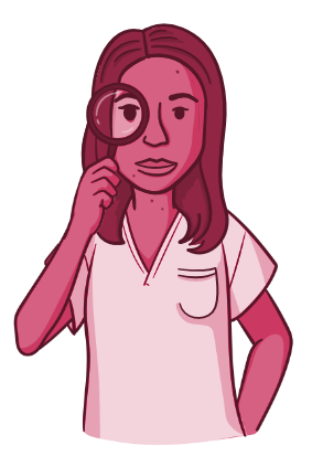 Osmosis.org style illustration of a healthcare professional holding a magnifying glass up to one eye, representing careful observation or closer examination.