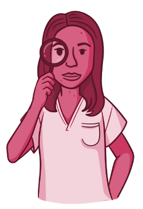 Osmosis.org style illustration of a healthcare professional wearing scrubs and holding a magnifying glass over one eye, representing careful observation, critical thinking, and attention to detail in clinical practice.