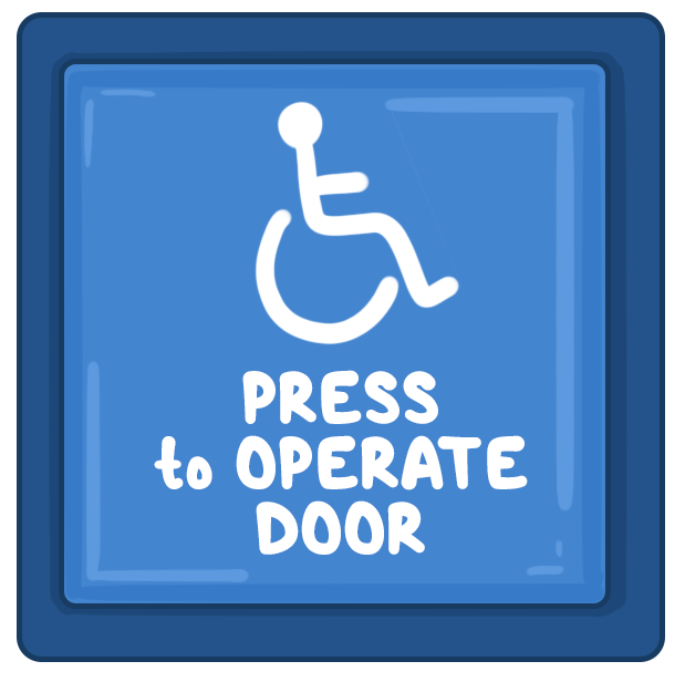Osmosis.org style illustration of a blue accessible door button featuring a wheelchair accessibility symbol and the words “Press to Operate Door.”