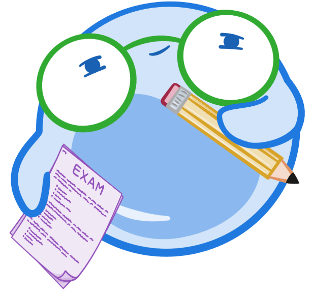 Osmosis.org style illustration of Mo the Osmosis mascot, holding a pencil and exam paper, with wide eyes, thinking about taking an exam.